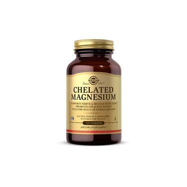 Solgar's Chelated Magnesium 100 Tablets on a white background.